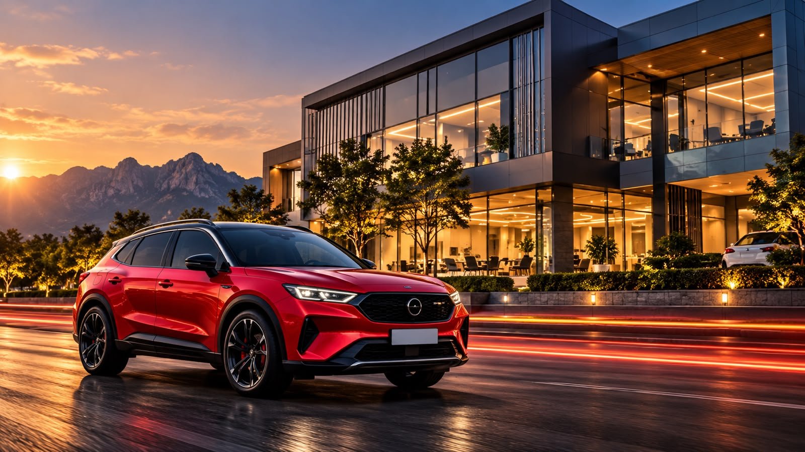 Red SUV outside a modern glass showroom at sunset