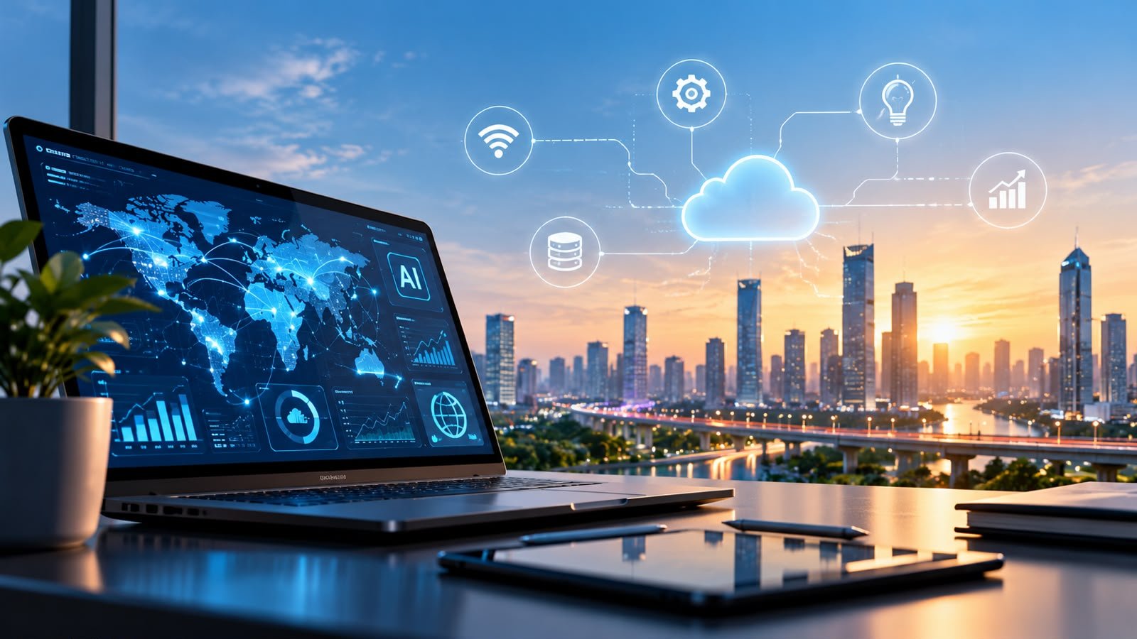 Laptop with a global data dashboard and connected cloud services over a city skyline