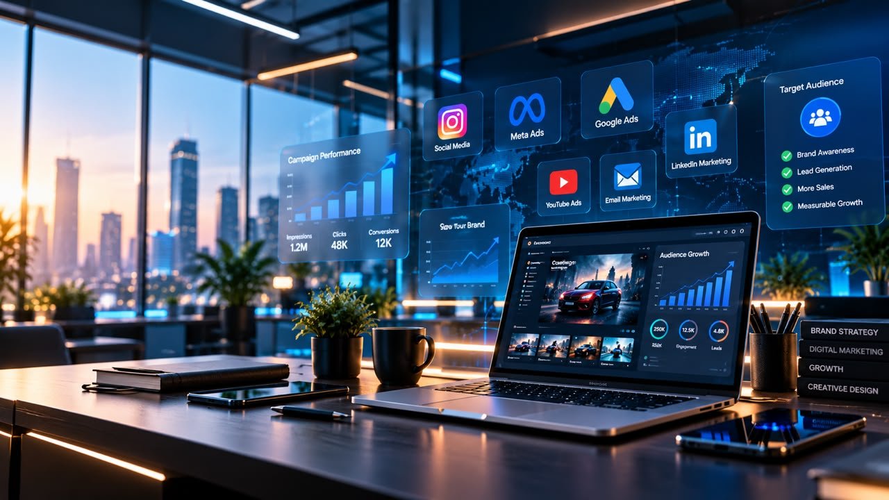 Digital marketing workspace with campaign performance, social media and ad platform dashboards