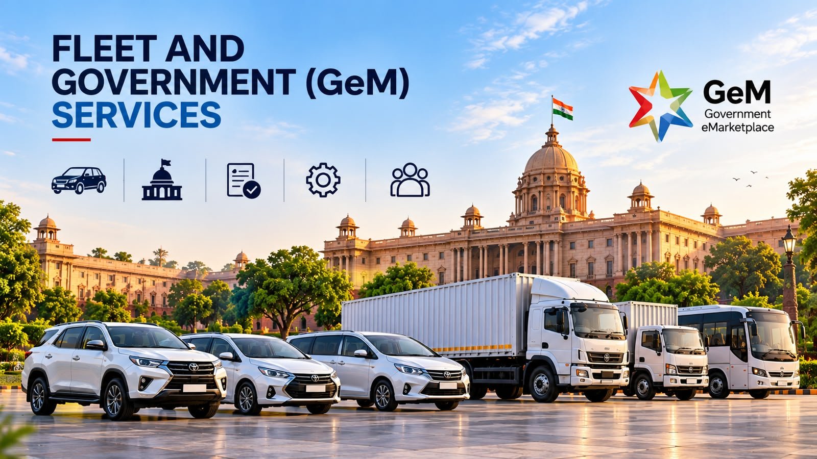 Fleet vehicles in front of a government building with the GeM logo