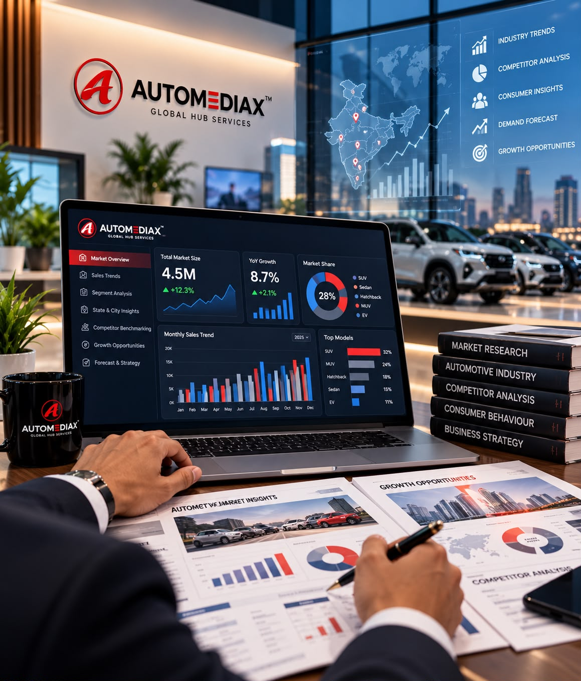 AutoMediaX market overview dashboard on a laptop with research reports