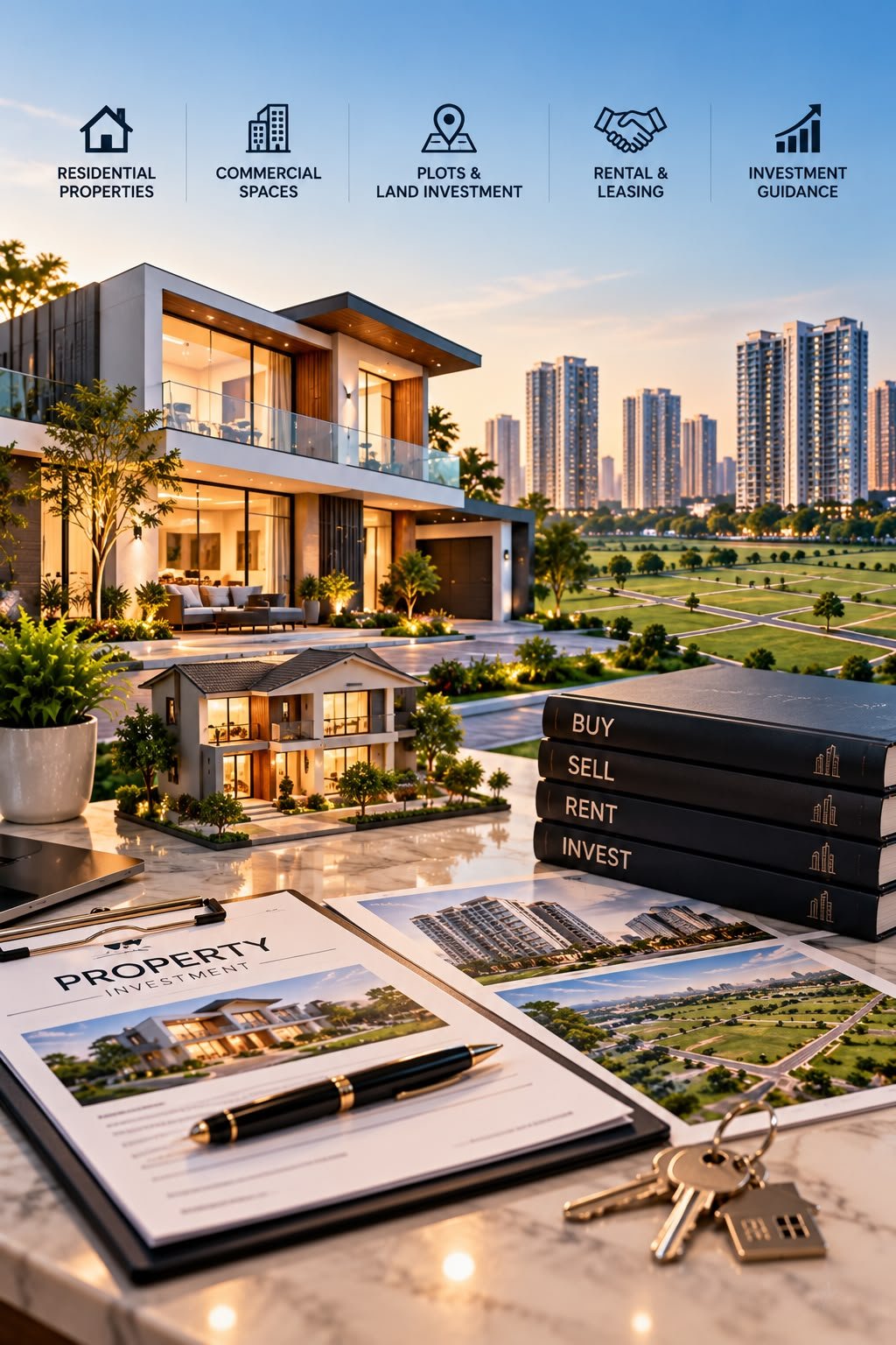Modern villa, residential towers and property investment documents