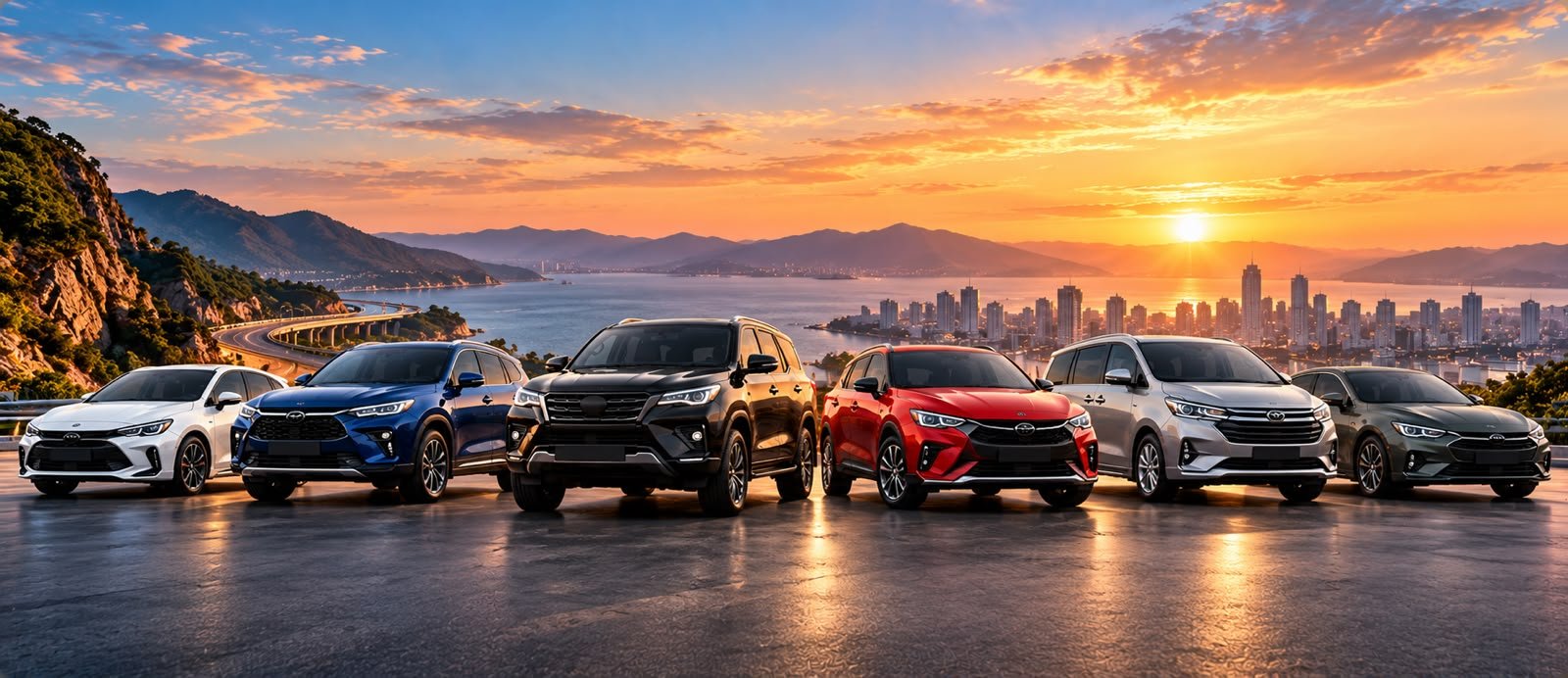 Line-up of cars and SUVs at sunset above a coastal city