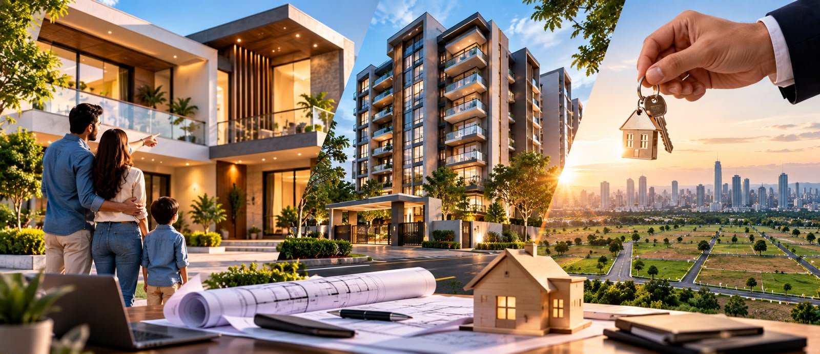 Family viewing a villa, residential towers and house keys over planned plots